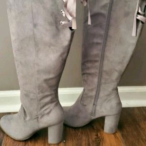 Gray suede knee high boots